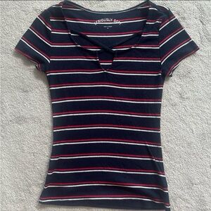 Aeropostale red white blue striped seriously soft cross laced fitted tee